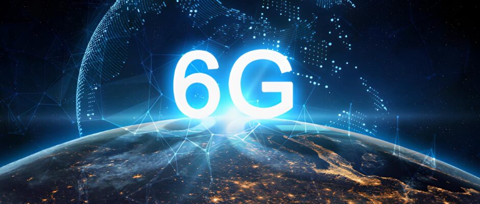 Icono 6G sobre fondo de planeta tierra digital y el espacio con estrellas