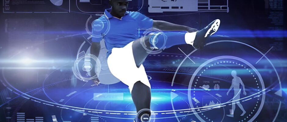 Pantalla analiza tecnológicamente a futbolista pateando; vemos datos y esquemas de la anatomía del deportista