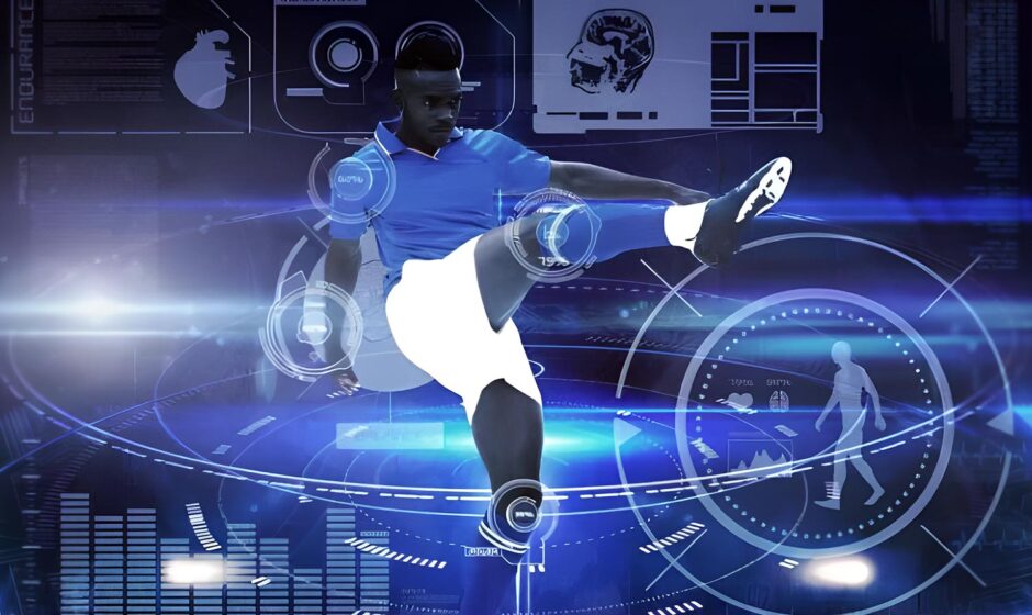 Pantalla analiza tecnológicamente a futbolista pateando; vemos datos y esquemas de la anatomía del deportista